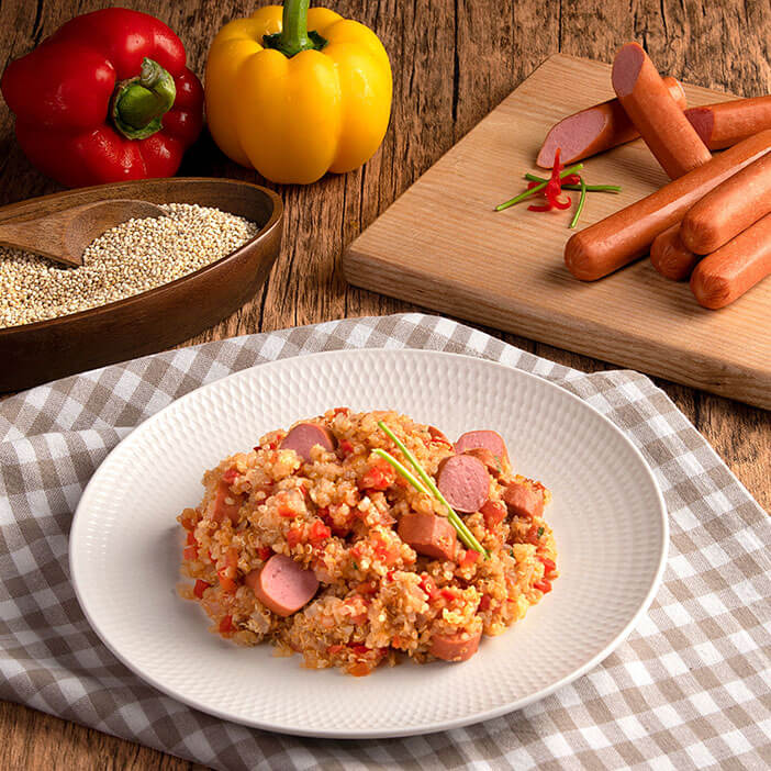 Guiso de quinoa con hot dog